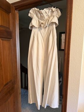 Astr Cream Strapless Ruffle Wide-Leg Jumpsuit